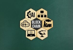 hexagon with blockchain icon. Blockchain Industrial Strategy Concept.