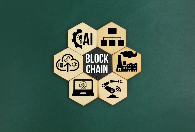 hexagon with blockchain icon. Blockchain Industrial Strategy Concept.