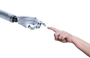 Human and robot fingers making contact on isolated white background with clipping path, 3D render