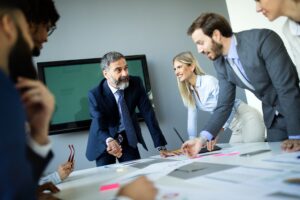 Portrait of happy business people. Concept of financial, insurance and marketing business