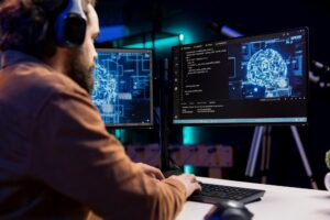 Programmer listening music while doing maintenance on artificial intelligence